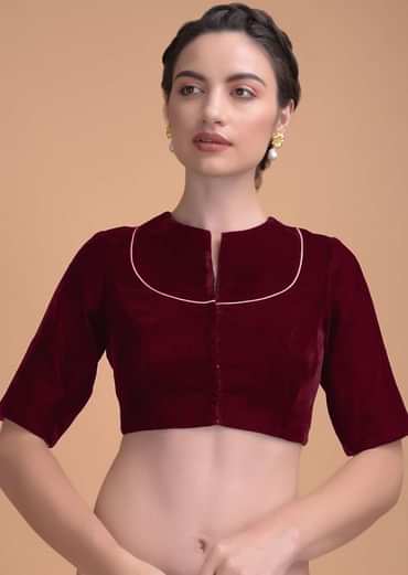 Red Blouse In Velvet With A Zari Lace Defining The Neckline