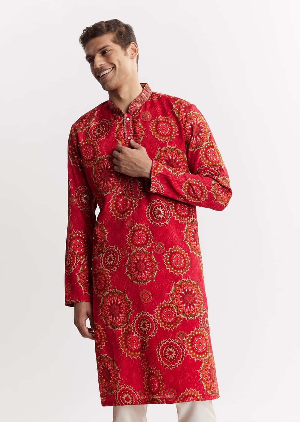 Red Chanderi Printed Kurta Set With Sequins Embroidery