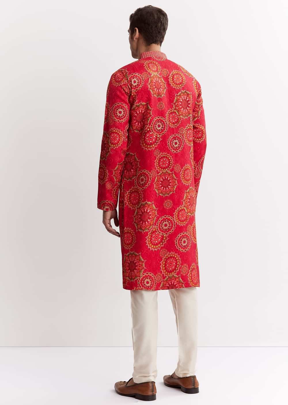 Red Chanderi Printed Kurta Set With Sequins Embroidery