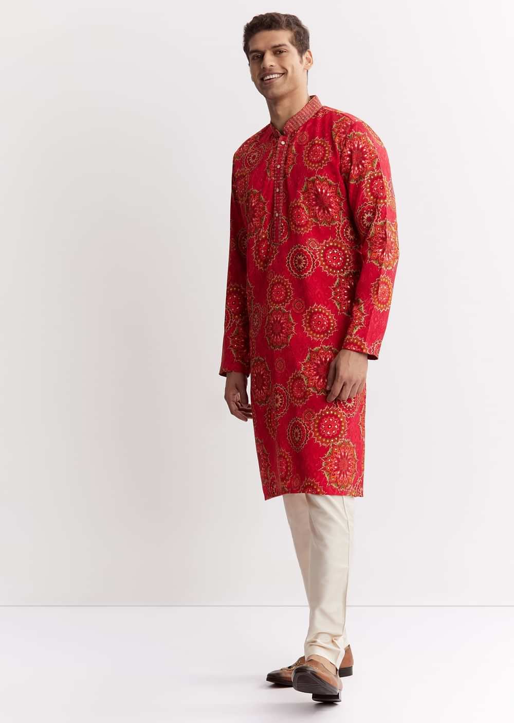 Red Chanderi Printed Kurta Set With Sequins Embroidery
