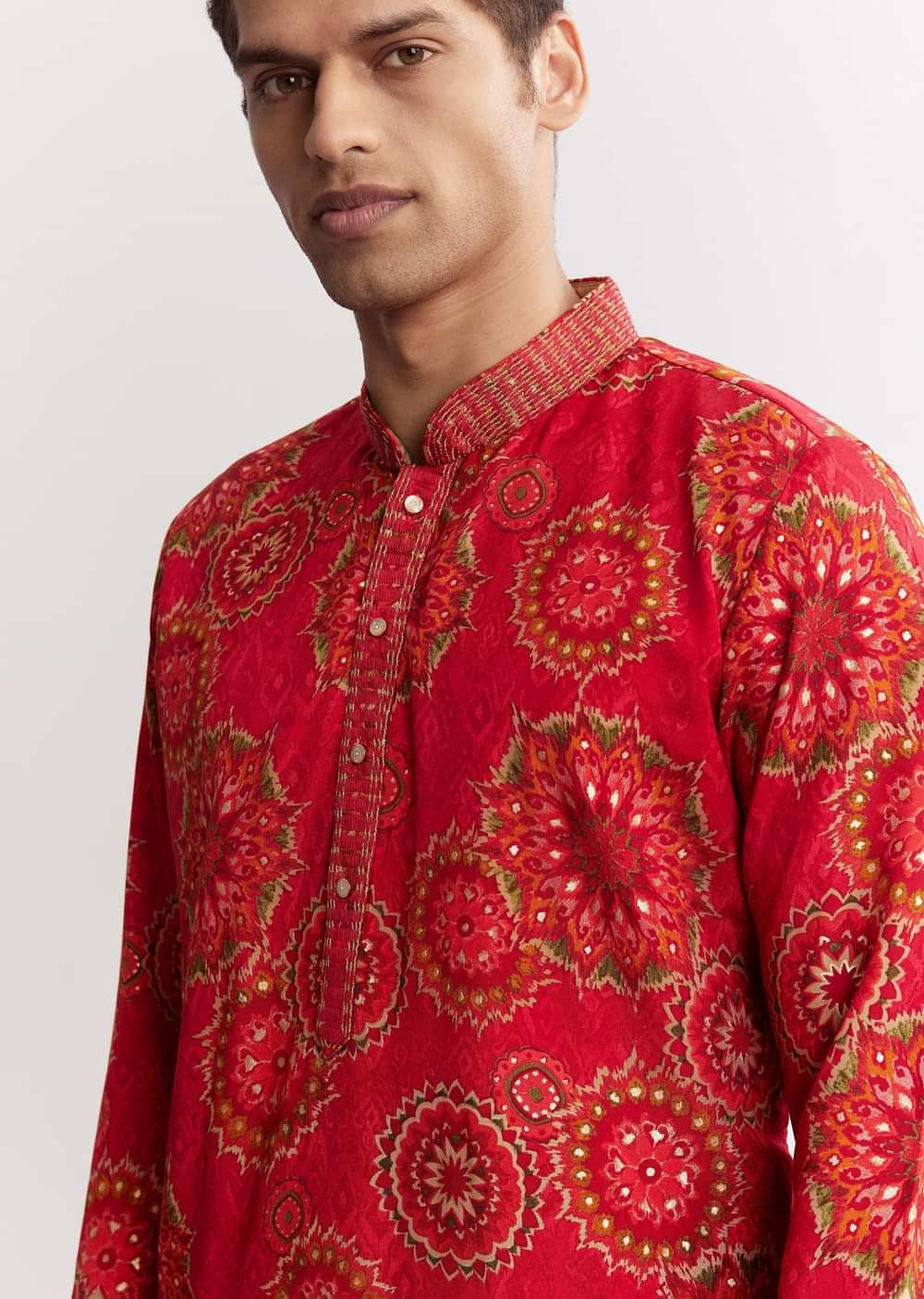 Red Chanderi Printed Kurta Set With Sequins Embroidery