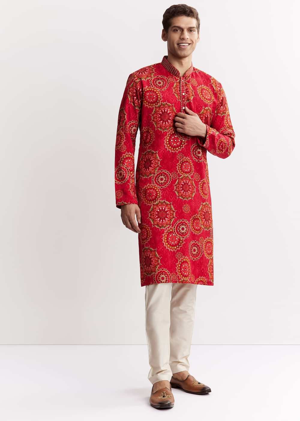 Red Chanderi Printed Kurta Set With Sequins Embroidery