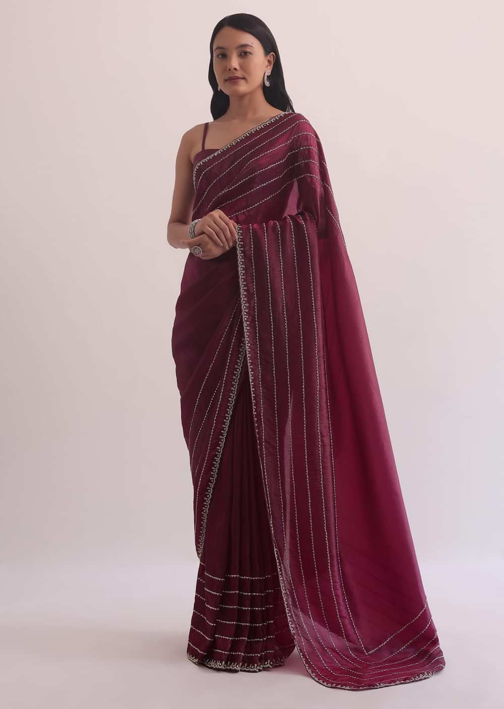 Red Chiffon Silk Saree With Cutdana Embellished