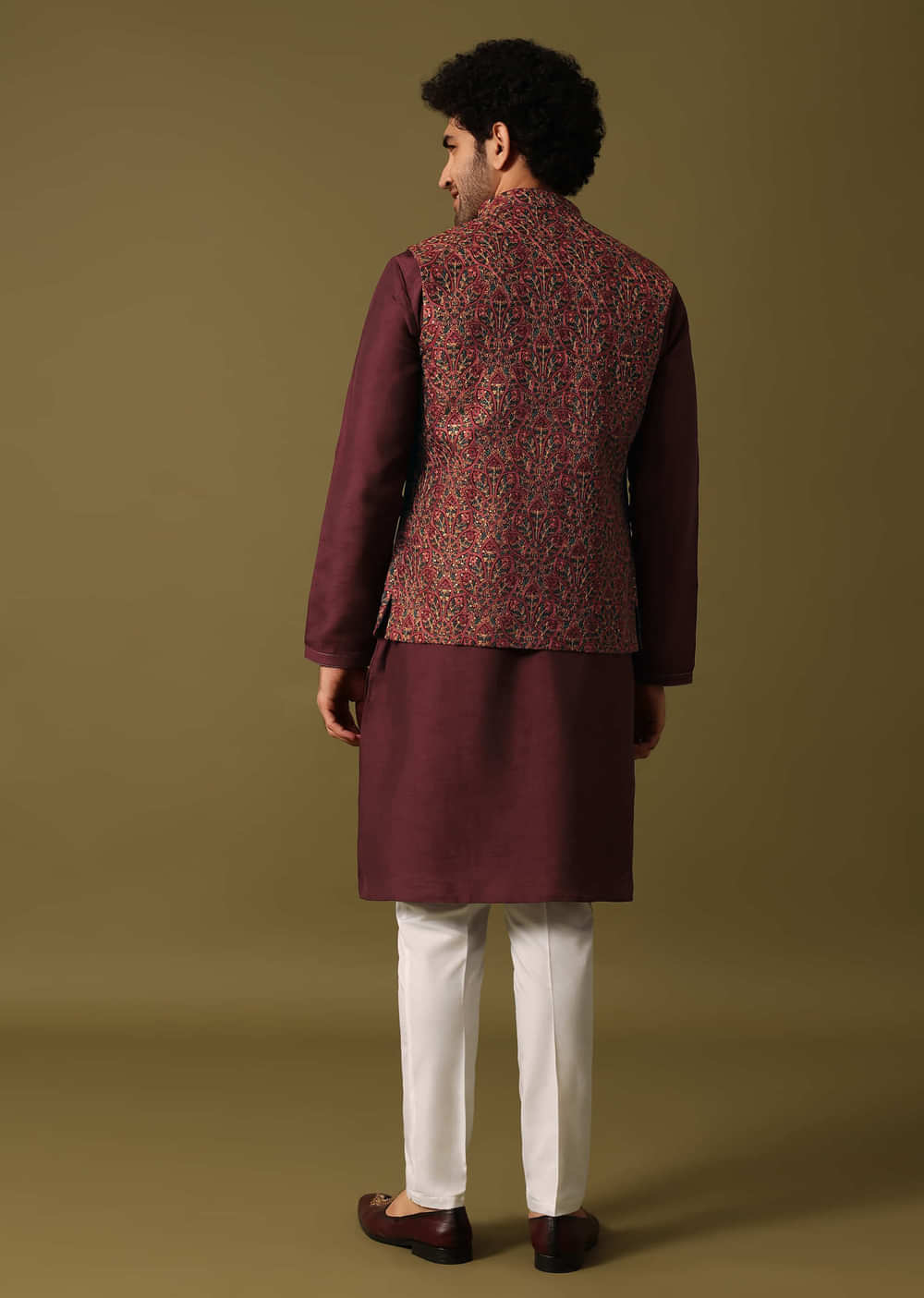 Red Cotton Kurta Jacket Set With Resham Work For Men