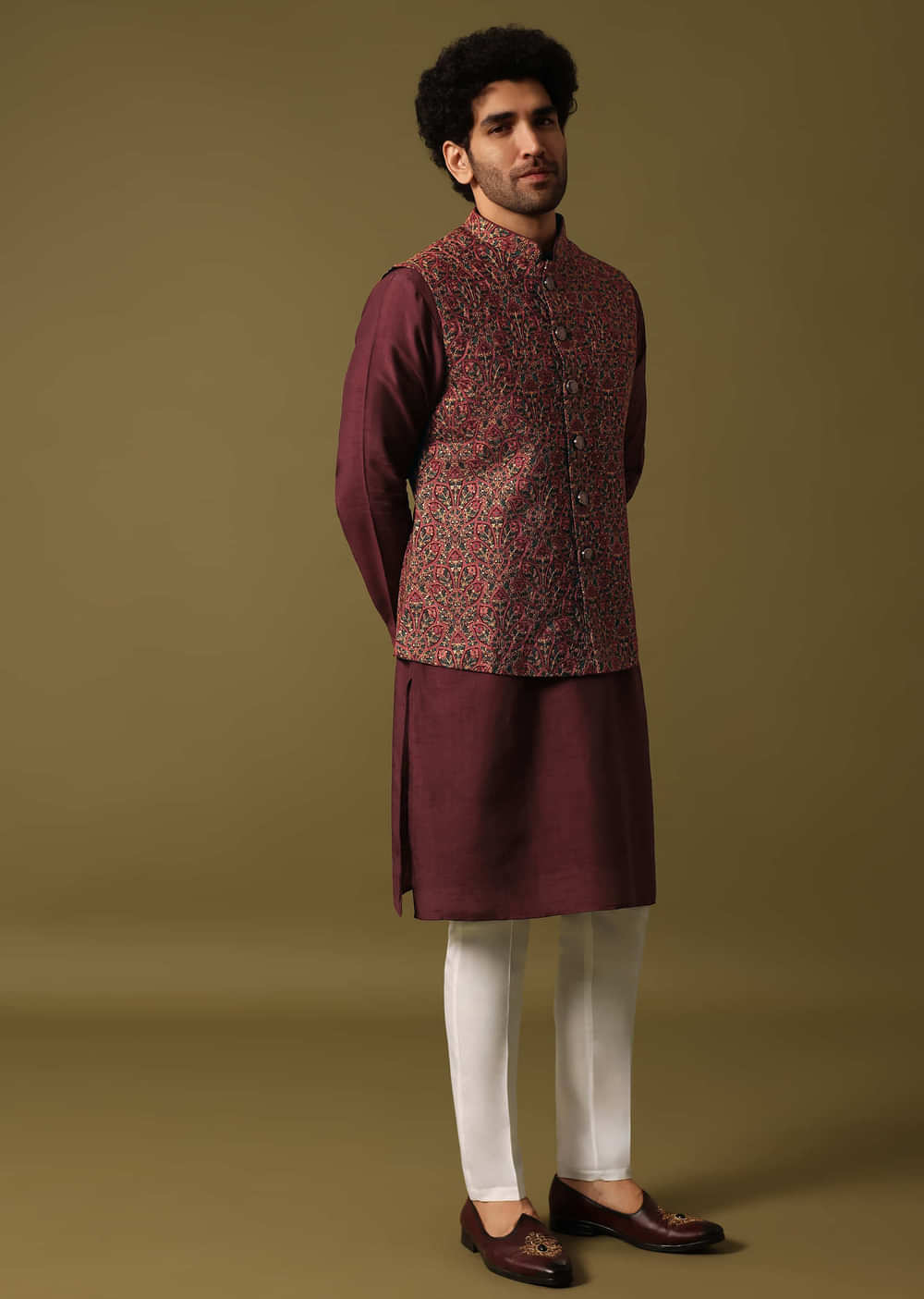Red Cotton Kurta Jacket Set With Resham Work For Men