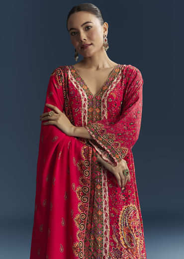Red Crepe Printed Kurta Set