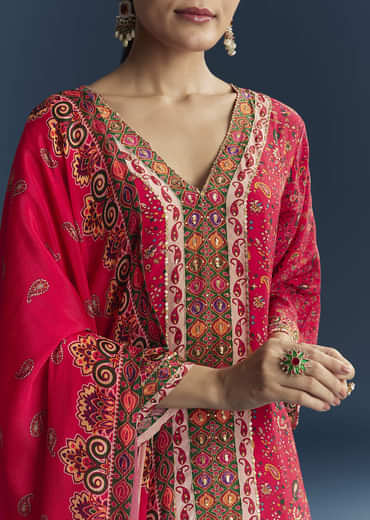Red Crepe Printed Kurta Set