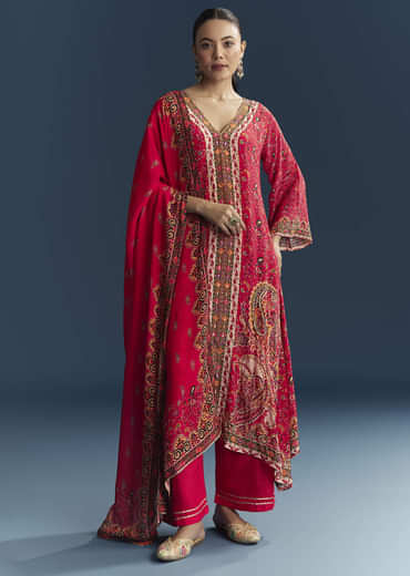 Red Crepe Printed Kurta Set