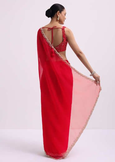 Red Cut Work Organza Saree With Unstitched Blouse