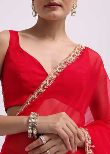 Red Cut Work Organza Saree With Unstitched Blouse
