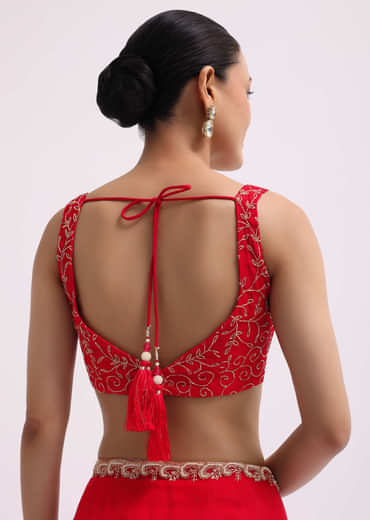 Red Cut Work Organza Saree With Unstitched Blouse