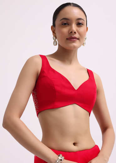 Red Cut Work Organza Saree With Unstitched Blouse