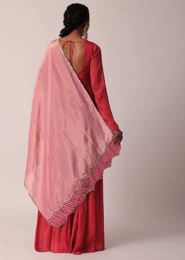 Red Embroidered Anarkali With Tissue Dupatta