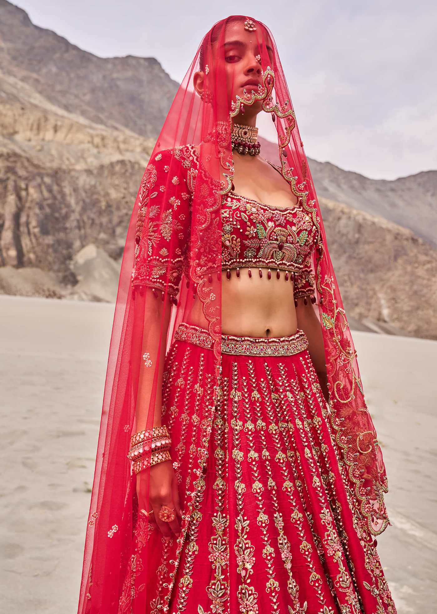 Red Embroidered Bridal Lehenga Blouse With Two Dupattas