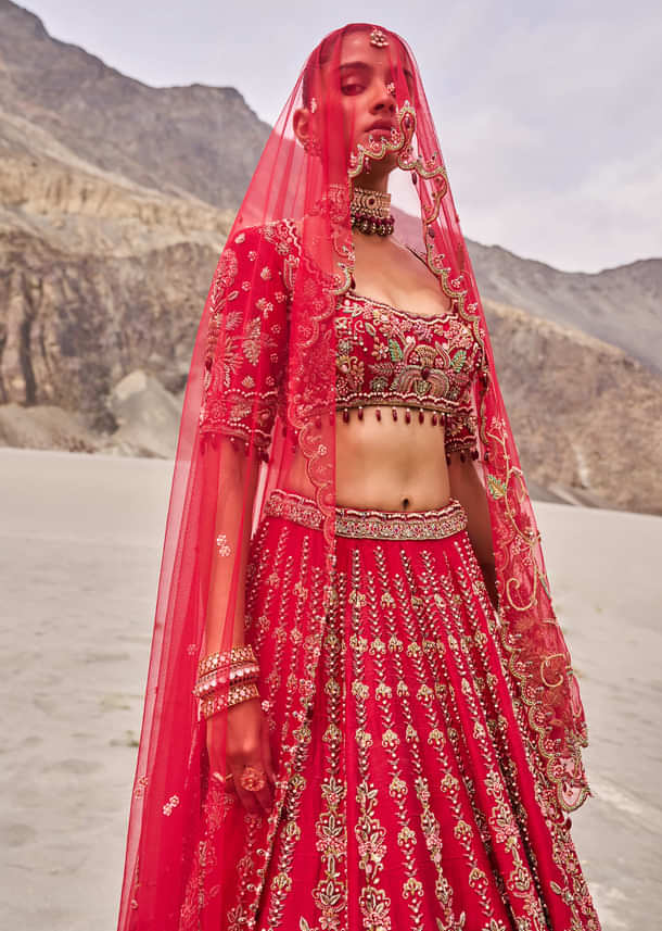 Red Embroidered Bridal Lehenga Blouse With Two Dupattas