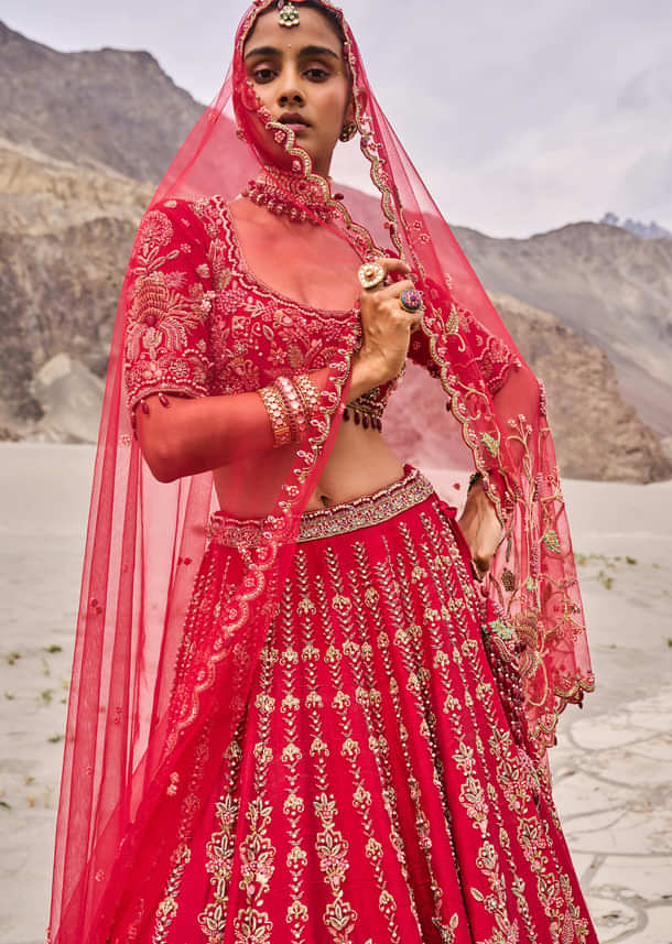 Red Embroidered Bridal Lehenga Blouse With Two Dupattas