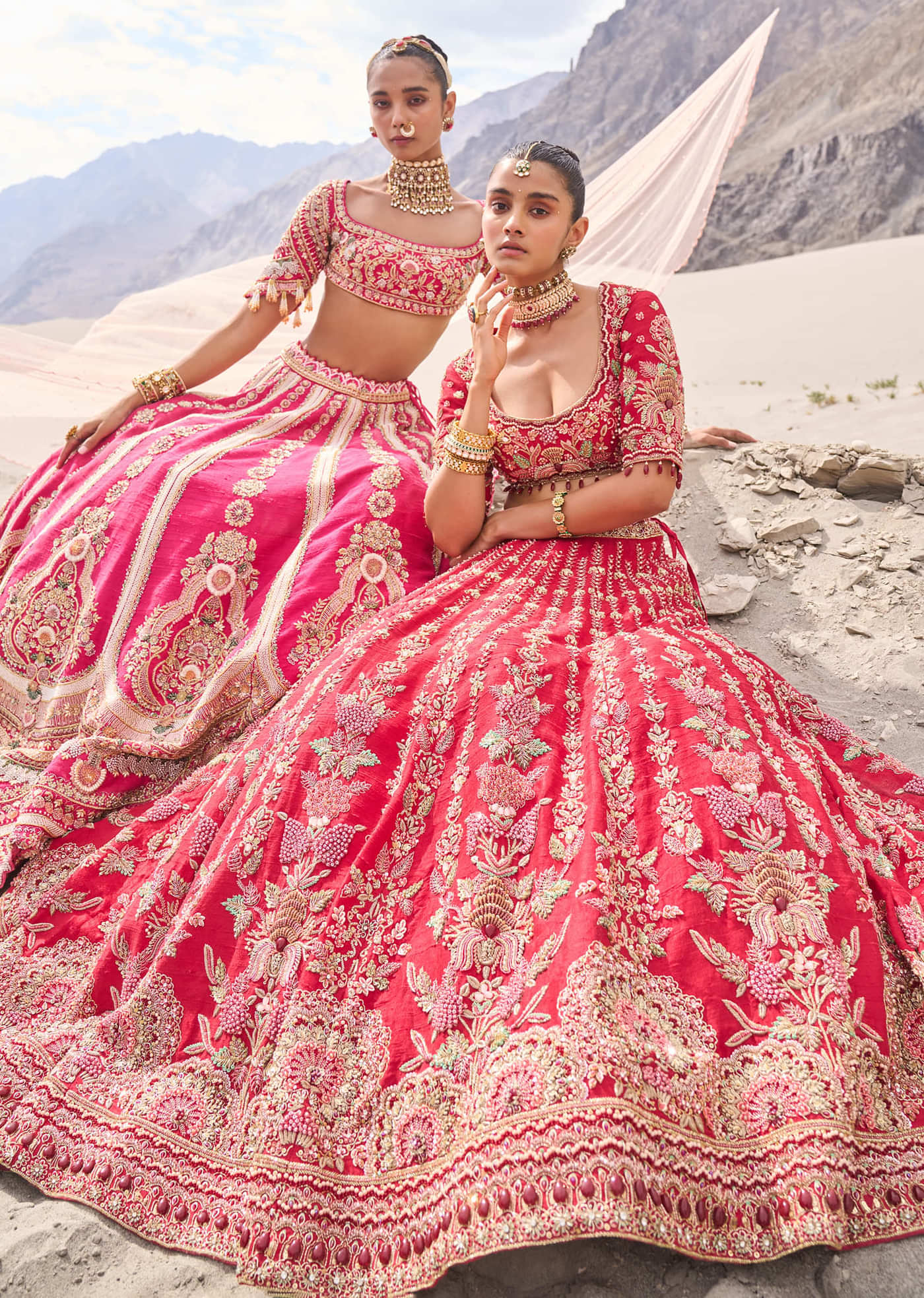 Red Embroidered Bridal Lehenga Blouse With Two Dupattas