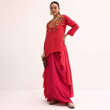 Red Embroidered Cotton Kurta Dhoti