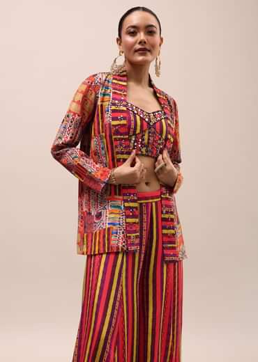 Red Embroidered Crepe Crop Top And Palazzo Set