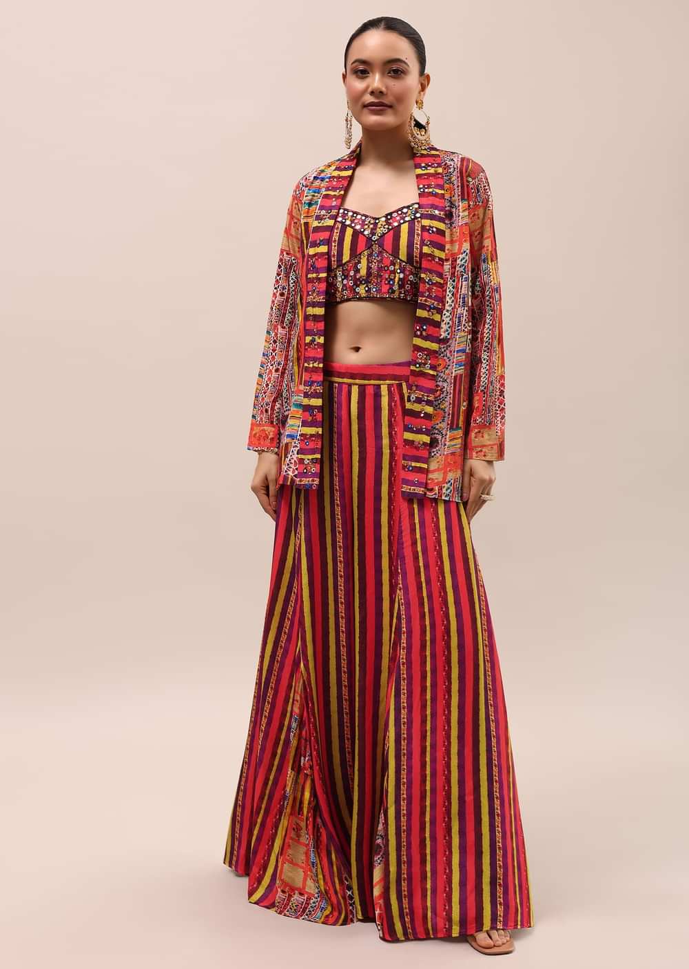 Red Embroidered Crepe Crop Top And Palazzo Set
