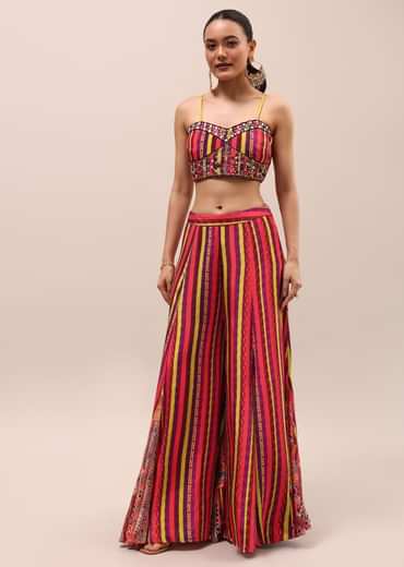 Red Embroidered Crepe Crop Top And Palazzo Set