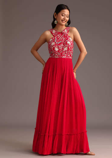 Red Embroidered Jumpsuit With Belt