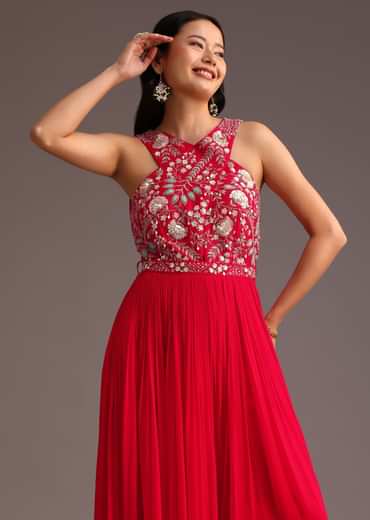 Red Embroidered Jumpsuit With Belt