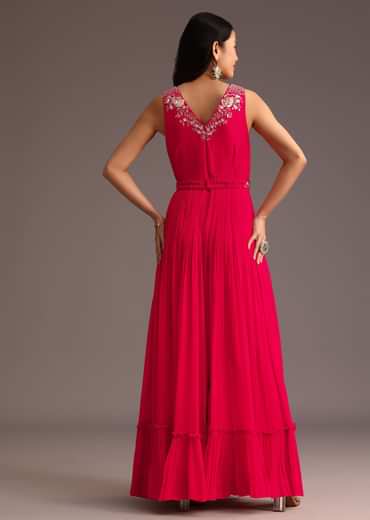 Red Embroidered Jumpsuit With Belt