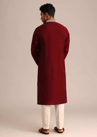 Red Embroidered Kurta Set In Silk