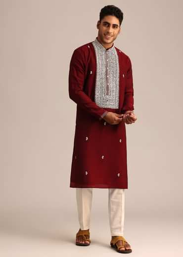 Red Embroidered Kurta Set In Silk