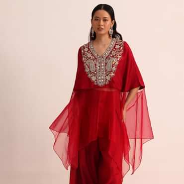 Red Embroidered Silk Crop Top Palazzo And Cape