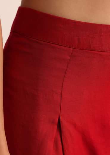 Red Embroidered Silk Crop Top Palazzo And Cape