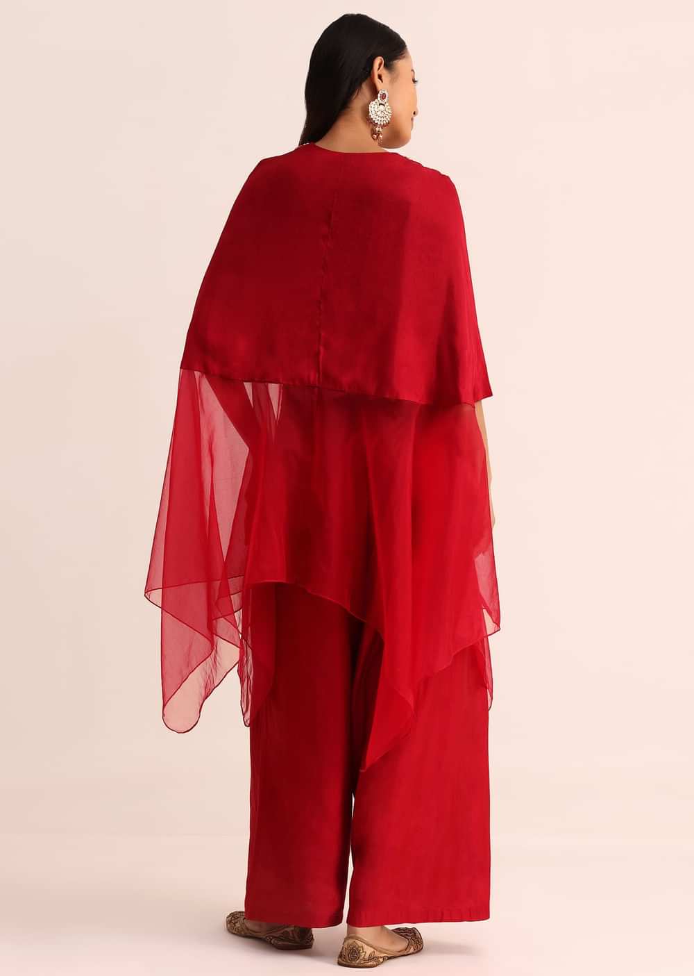 Red Embroidered Silk Crop Top Palazzo And Cape