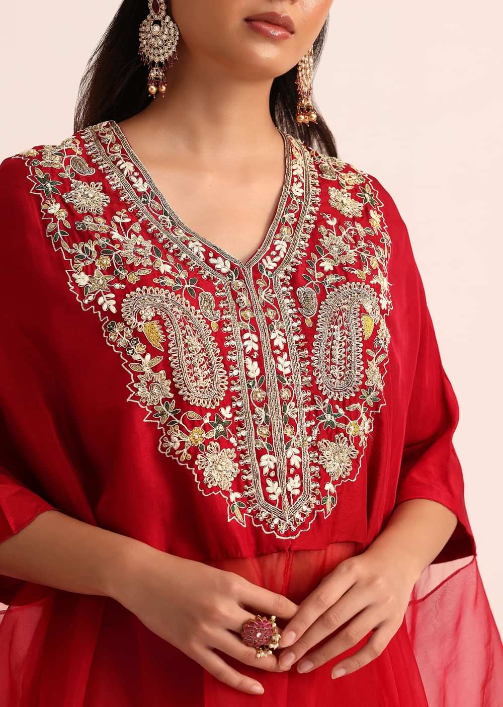 Red Embroidered Silk Crop Top Palazzo And Cape