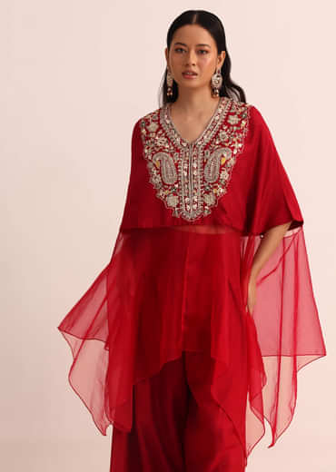 Red Embroidered Silk Crop Top Palazzo And Cape