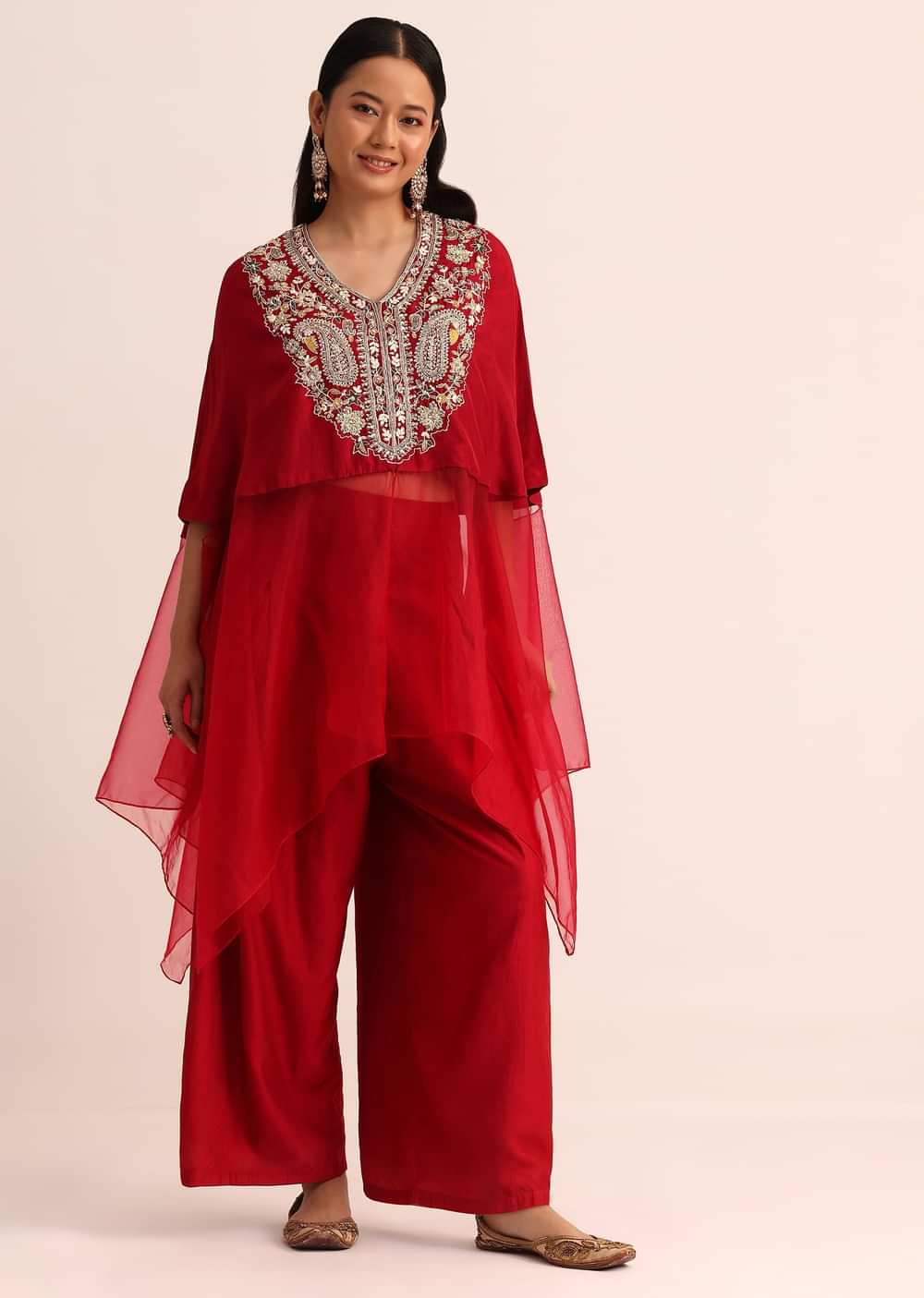 Red Embroidered Silk Crop Top Palazzo And Cape