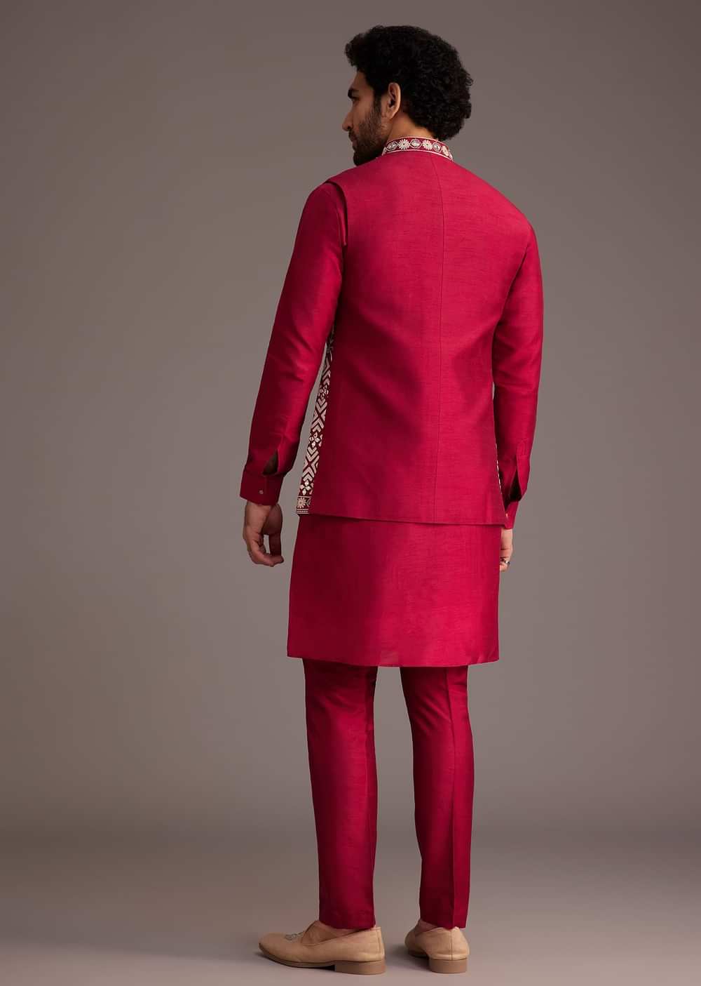 Red Floral Embroidered Jacket Kurta Set