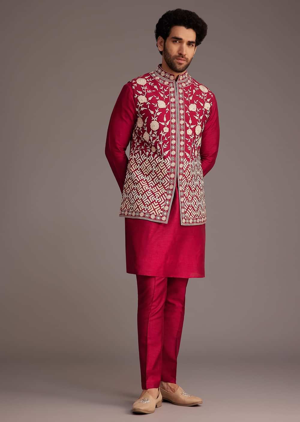 Red Floral Embroidered Jacket Kurta Set