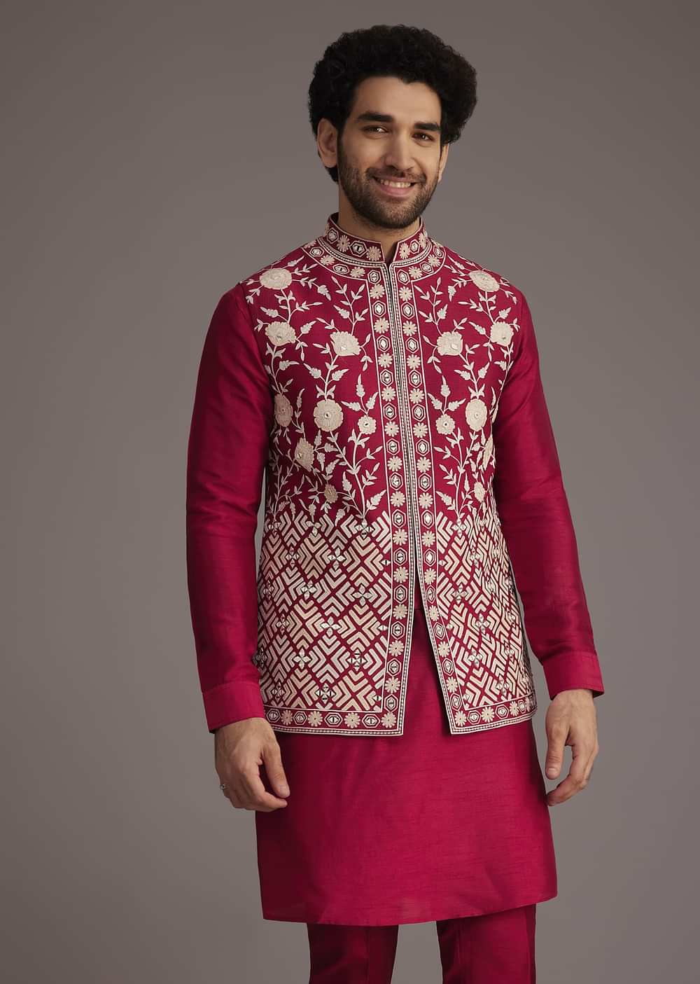 Red Floral Embroidered Jacket Kurta Set