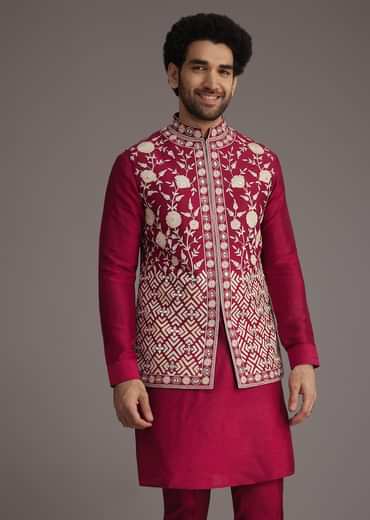 Red Floral Embroidered Jacket Kurta Set