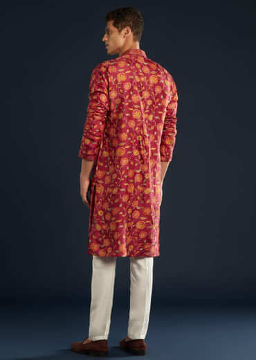Red Floral Print Silk Kurta Set with Resham Work