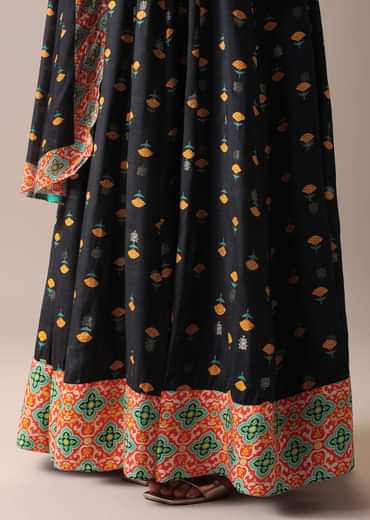 Black Floral Printed Anarkali Suit Set In Art Silk