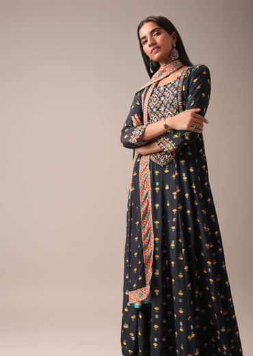 Black Floral Printed Anarkali Suit Set In Art Silk