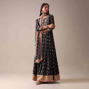Black Floral Printed Anarkali Suit Set In Art Silk