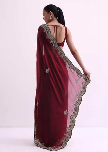 Red Glass Tissue Saree With Sequin Scallop Border And Unstitched Blouse Fabric