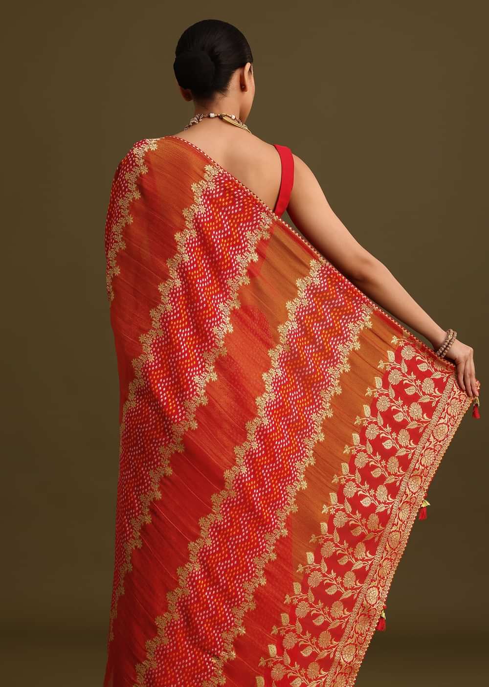 Red Khaddi Georgette Saree With Gotta Patti Border And Unstitched Blouse