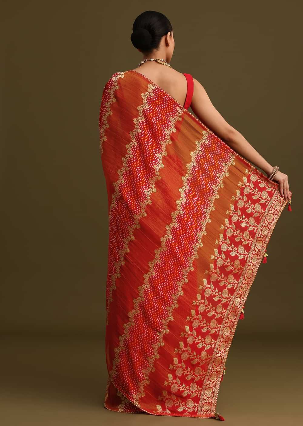 Red Khaddi Georgette Saree With Gotta Patti Border And Unstitched Blouse