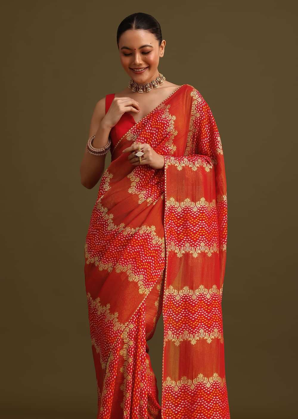 Red Khaddi Georgette Saree With Gotta Patti Border And Unstitched Blouse