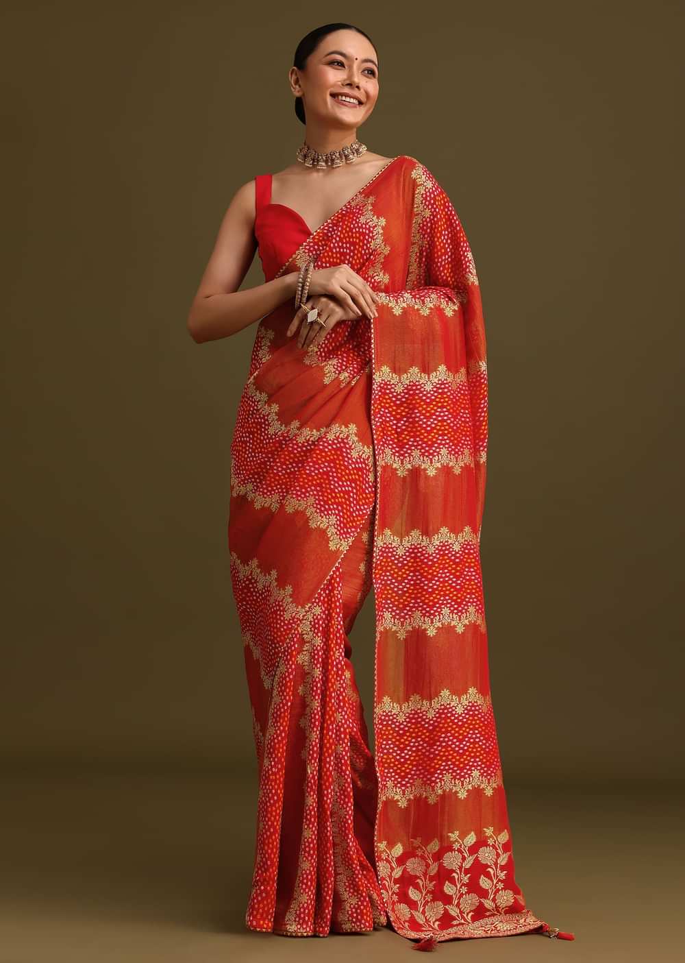 Red Khaddi Georgette Saree With Gotta Patti Border And Unstitched Blouse
