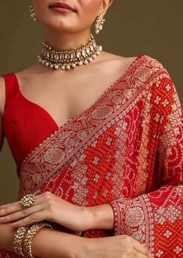 Red Khaddi Georgette Woven Saree With Gotta Patti Border